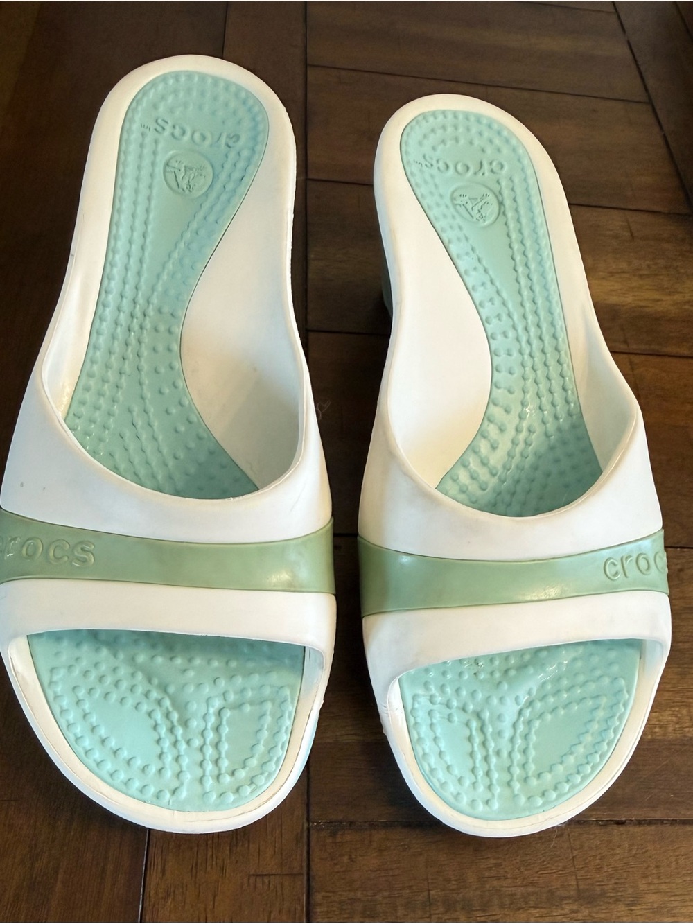 CROCS White Slide Heels with Mint Blue Footbed and Strap Accent